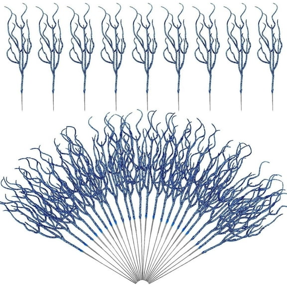 30 Pcs Glitter Christmas Leaves Picks,13 inch Curly Tall Tree Filler Branches,Artificial Leaf Spray Picks Christmas Tree,Flower Stems Picks for Xmas Wreath Wedding Table Centerpiece Decorations,Blue