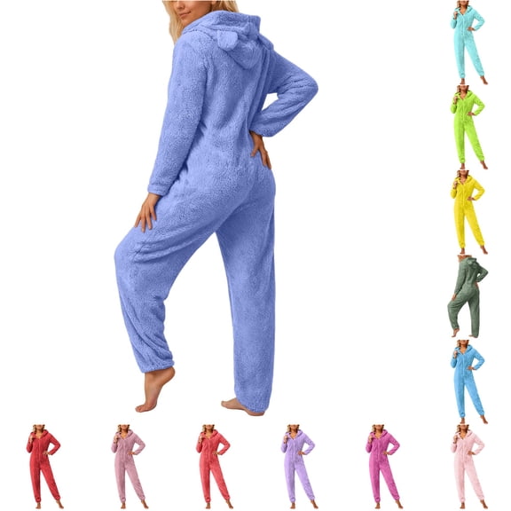 Wxolcjlv Ear Hood Fleece Onesie for Women Zip Up Long Jumpsuit Sleepwear Loungewear