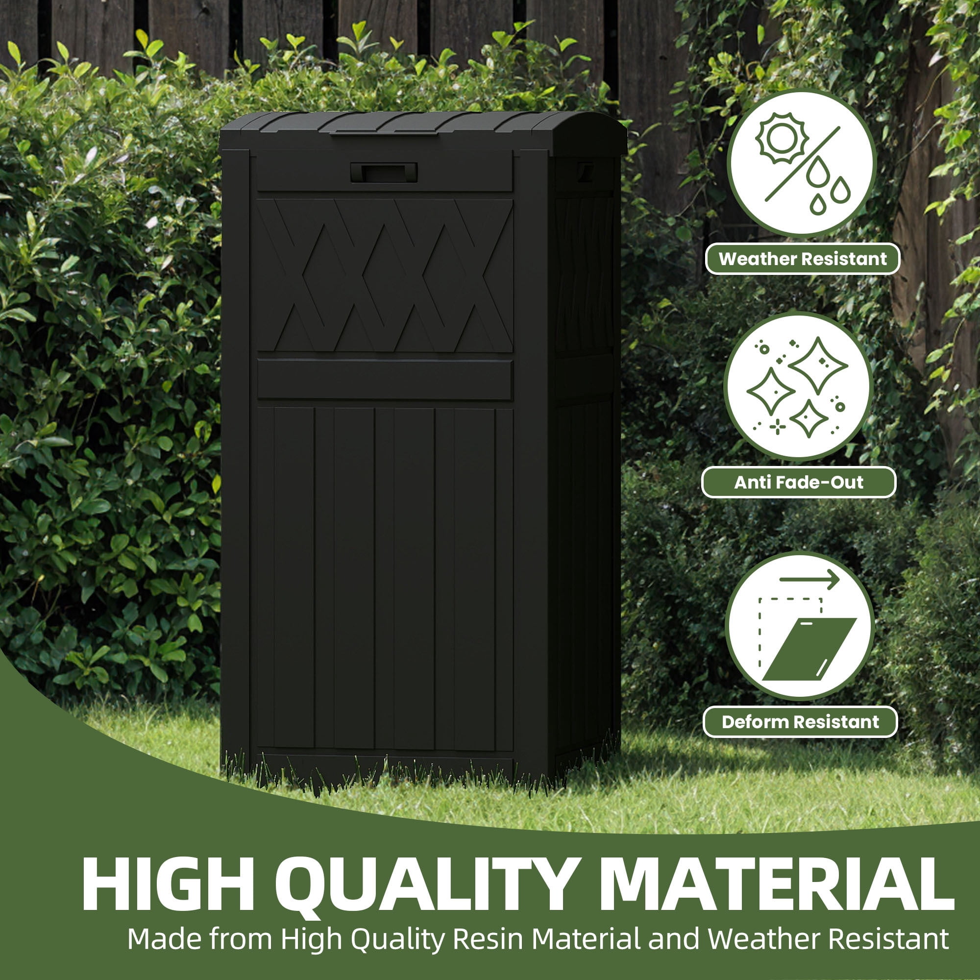 Uforic 33 Gallon Outdoor Trash Can, Layered Lid with Drip Tray, Waterproof Garbage Bin for Patio, Deck, Backyard, Black
