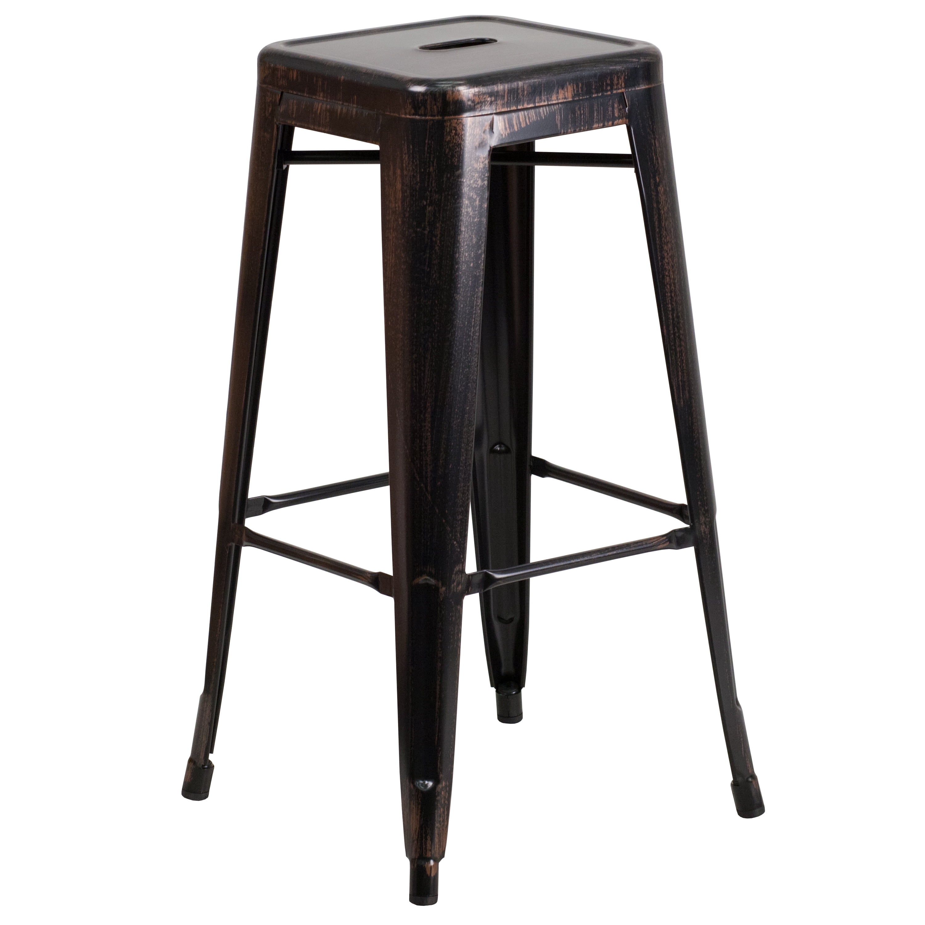 Flash Furniture Commercial Grade 30" Round Black-Antique Gold Metal Indoor-Outdoor Bar Table Set with 4 Square Seat Backless Stools