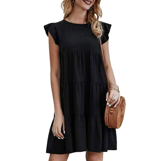 Lucakuins Mujeres Casual Plisado Vestido Corto, Adultos Primavera Color Sólido Cuello Redondo Manga Corta Mini Vestido Lucakuins moda