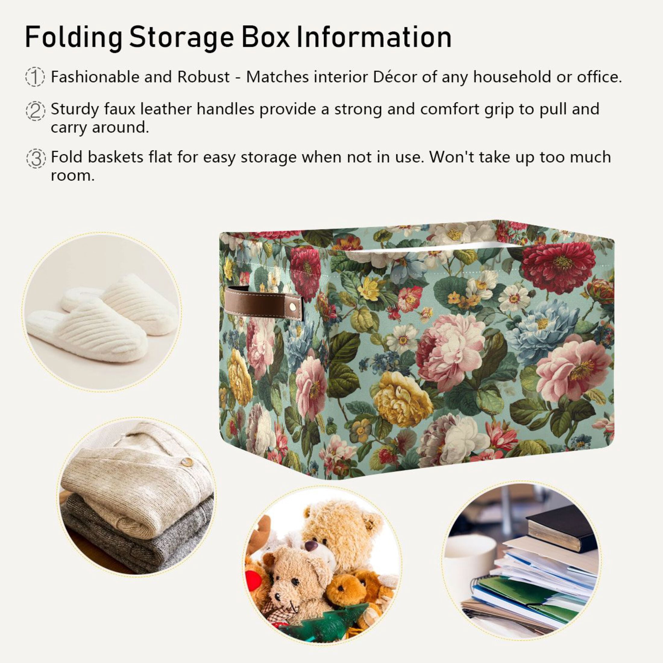 Foldable Storage Basket,Canvas Fabric Foldable Storage Bins with Handles Open Home Storage Bins Boxes for Toy Book Shelf Closet Baskets Floral Pattern with Roses