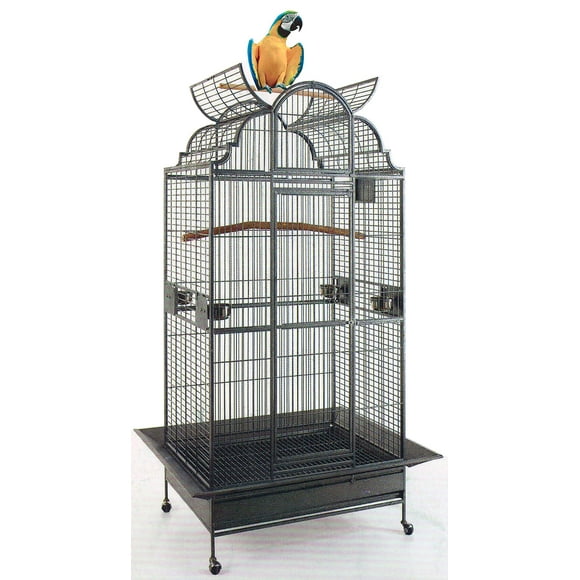 New Large Elegant Wrought Iron Dome Play Top Bird Parrot Cage, Include Metal Seed Guard Solid Metal Feeder Nest Doors (24" W x 22" D x 63" H, Black Vein)