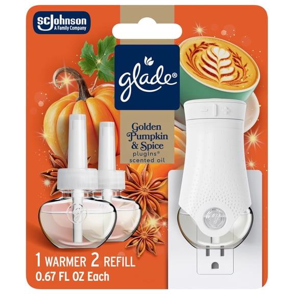 Glade® PlugIns® Starter Kit, Air Freshener, Golden Pumpkin & Spice, 1.34 fl oz, 1 Warmer 2 Refills