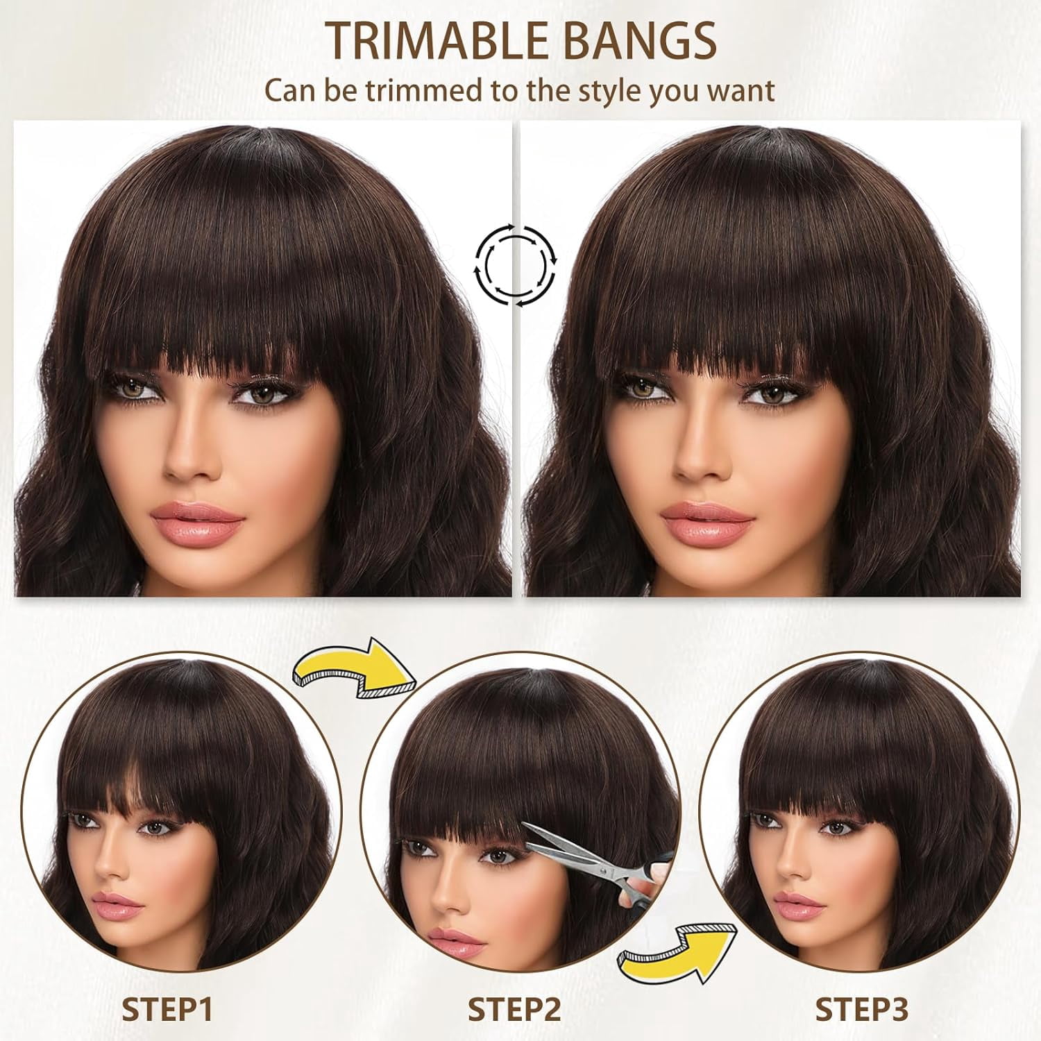 DOPI Short Wavy Wig with Bangs for Women Shoulder Length Bob Curly Women's Charming Synthetic Wigs with Natural Wavy Black To Brown Heat Resistant Hair for Daily Party Use