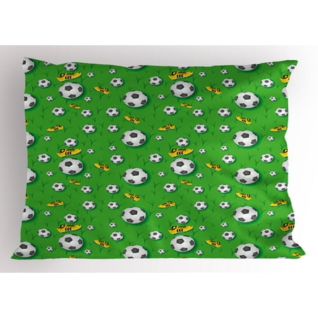 Soccer Pillow Sham Professional Player Athletics Pattern Football Shoes Balls on Grass, Decorative Standard Size Printed Pillowcase, 26 X 20 Inches, Lime Green Yellow Black, by