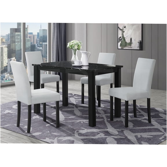 JERFIT 4-Piece Dining Set with Faux Marble Tabletop and Padded Chairs, Black and Silver Kitchen Table for 4