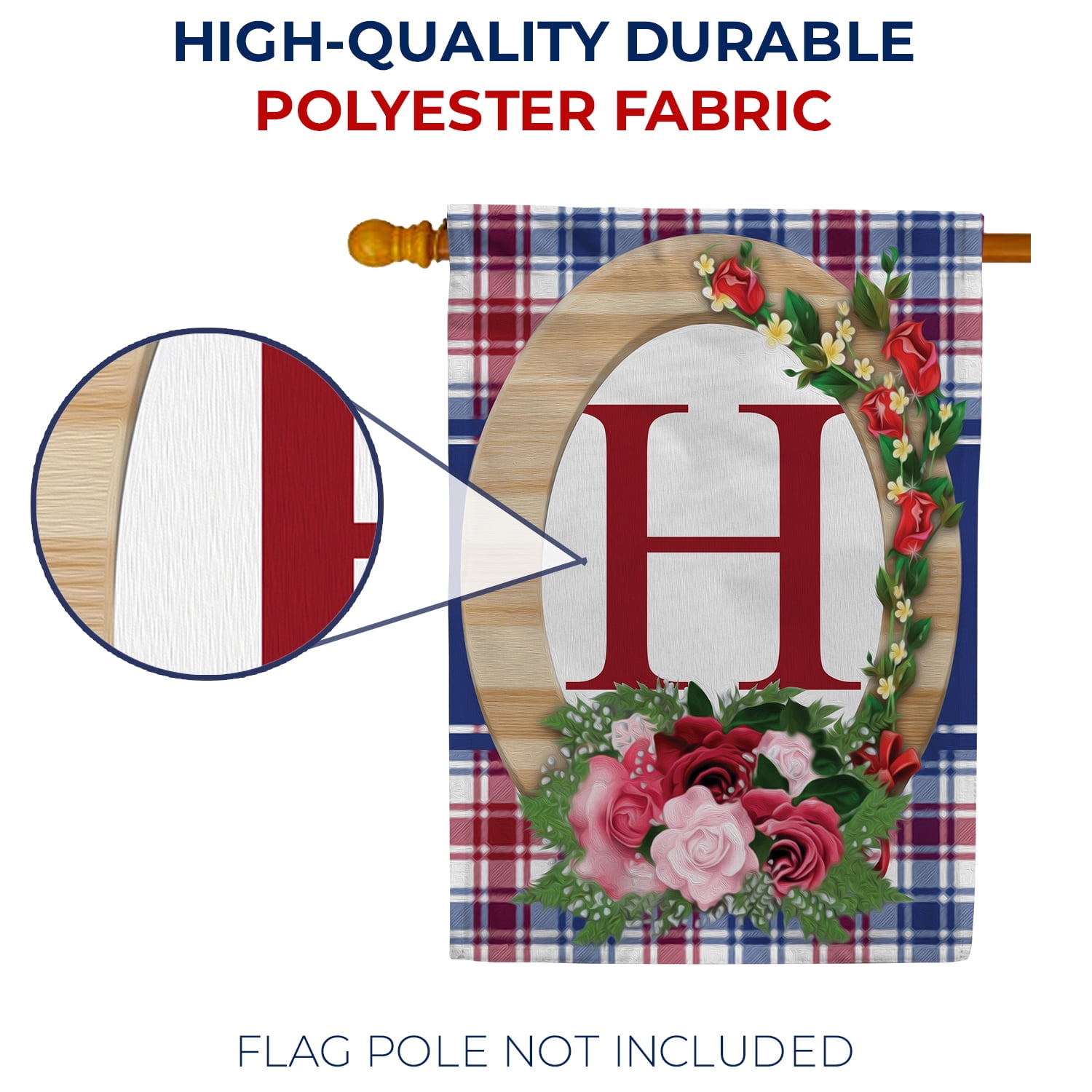 America Forever Monogram H House Flag, 28 x 40 inch Double Sided, Letter H with Roses, Floral Initial Flag, Plaid Background, Personalized Yard Decor