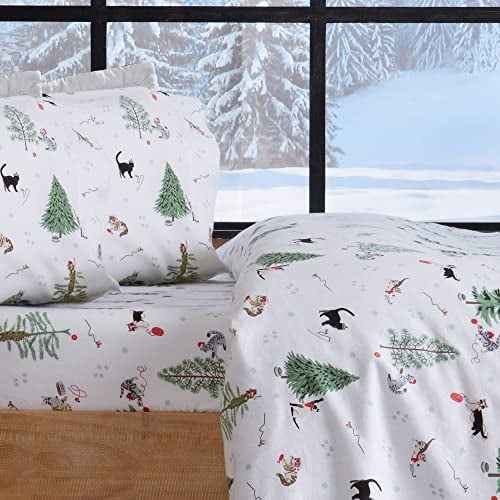 100% Turkish Cotton Queen Holiday Flannel Sheet Set | Deep Pocket, Soft Christmas Sheets | Warm, Double Brushed Bed Sheets | Anti-Pill Flannel Sheets by Great Bay Home (Queen, Winter Cats)