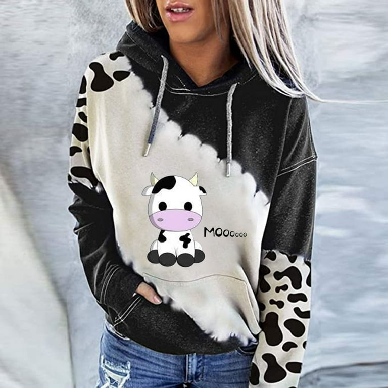 KIJBLAE Sales Women's Fashion Sweatshirt Pocket Drawstring Pullover Tops  Cute Cow Graphic Print Patchwork Casual Comfy Womens Hoodie Sweatshirt  Trendy Clothes for Women Black M 