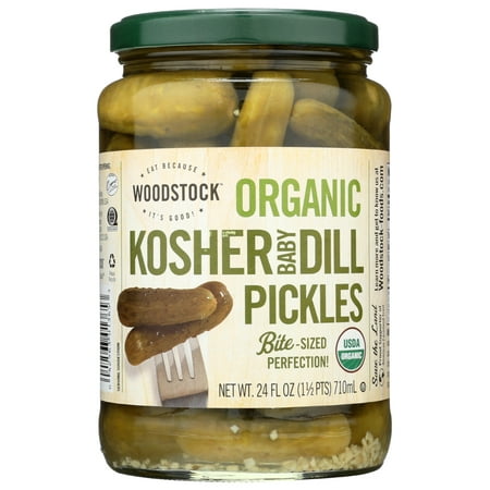 Woodstock Foods Organic Kosher Baby Dill Pickles, 24 oz Jar, Serving Size 2 Pickles, Servings Per Container 14