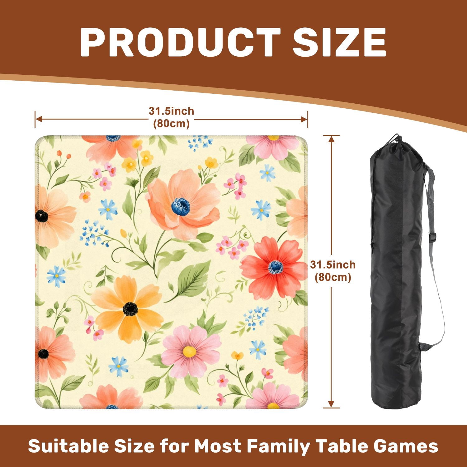 Mahjong Mat 31.5" x 31.5" Colorful Hand Painted Floral Wildflowers Cream Non-Slip Noise Reduction American Mahjong Tiles Table Cover for Dominoes Poker Card Board Games Gift