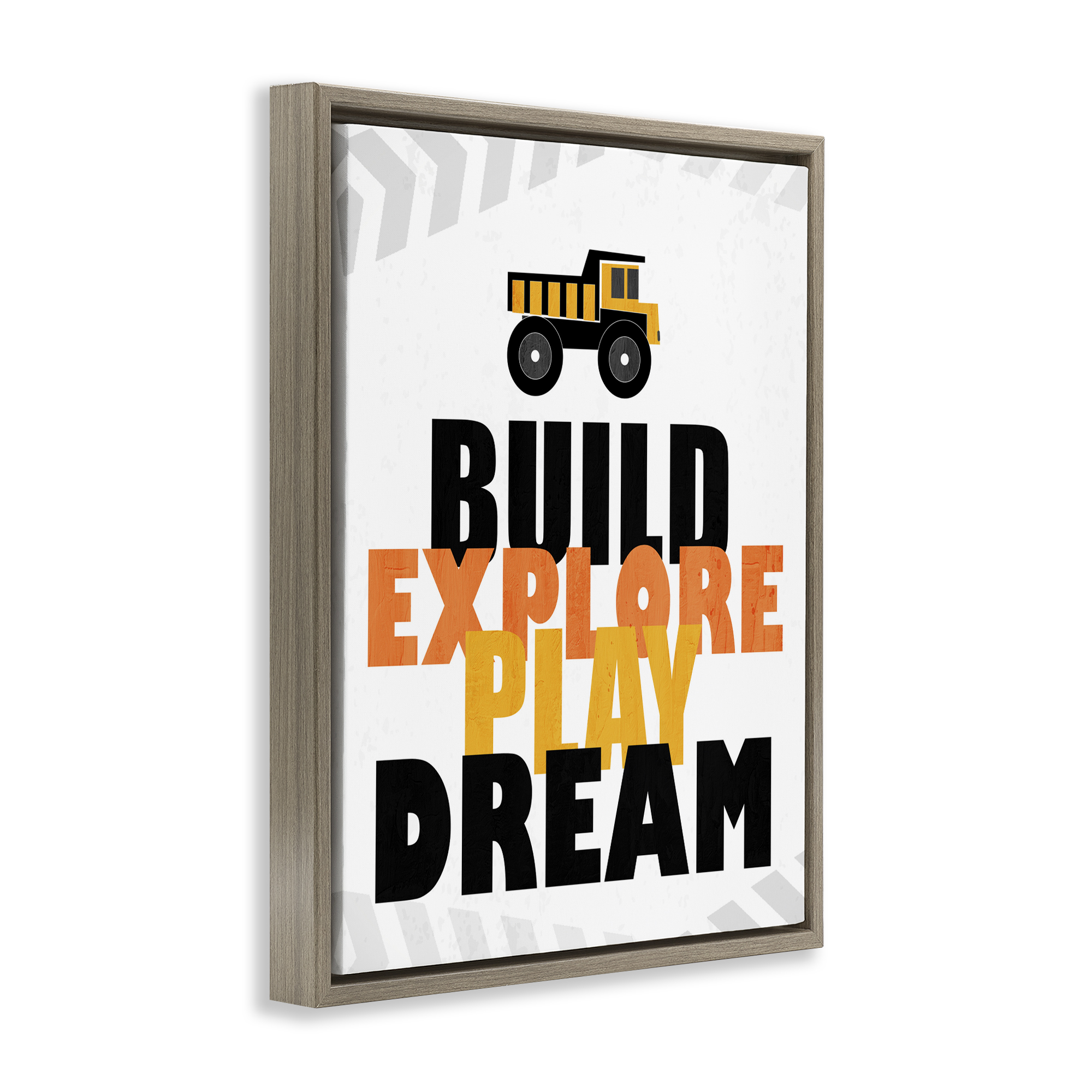 Build Explore Play Dream Brown Framed Floater Canvas Wall Art, design by Kim Allen