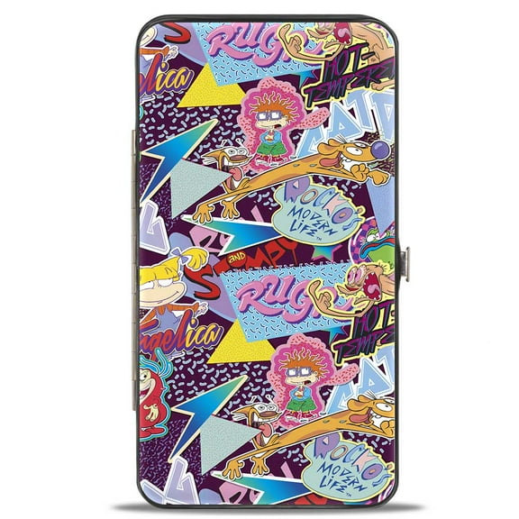 Nickelodeon Wallet, Hinged, Nick 90s Logos Show Characters Purple Multi Color, Vegan Leather