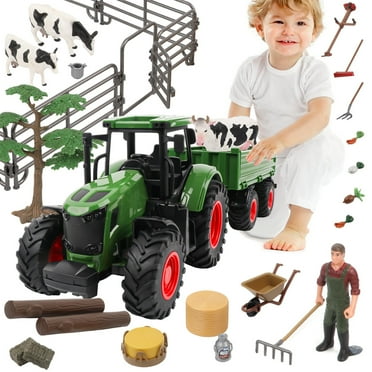 Farm Animal Tractor Toys Playset-16.5 Inches Tractor with Trailer Fence,Farmer,Tree,Cow,Farm Toy Set for Boys Girls Kids Toddlers Age 3-7 Years Old