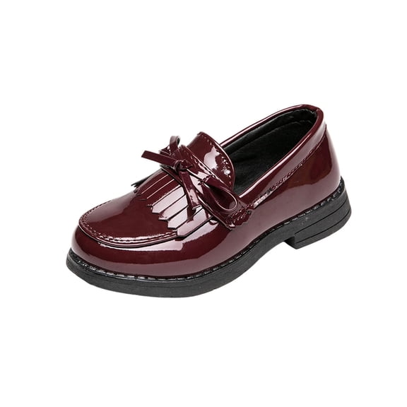 hoksml Girls Patent Leather Tassel Loafers with Bow, Slip-On Dress Shoes for School Uniform and Party