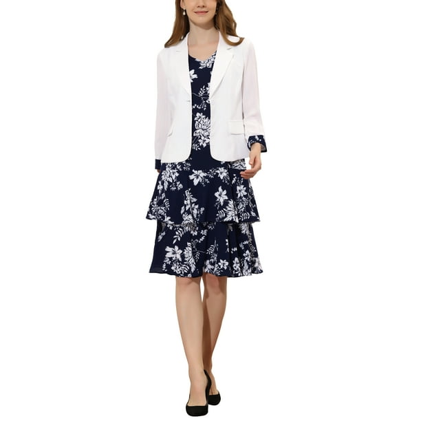 Conjunto de vestido y chaqueta INSPIRE CHIC para mujer de 2 piezas, vestido sin mangas de gasa con estampado floral y conjunto de chaqueta con panel de contraste, talla XS, azul