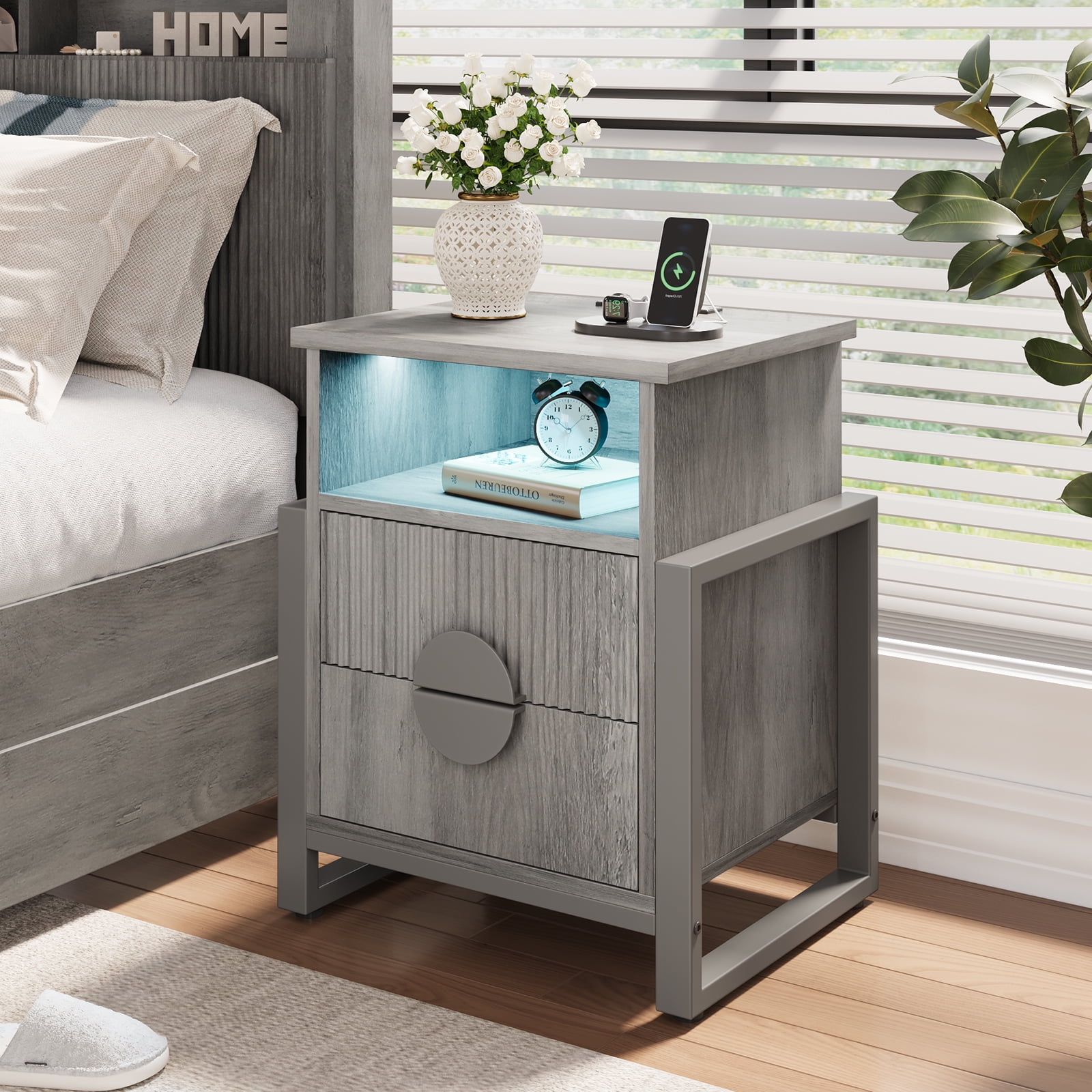 Holliwill Nightstand with Charging Station Set of 2, 2 Drawer Dresser for Bedroom with LED Light, Fluted Bedside Table End Table Side Table for Living Room, Gray