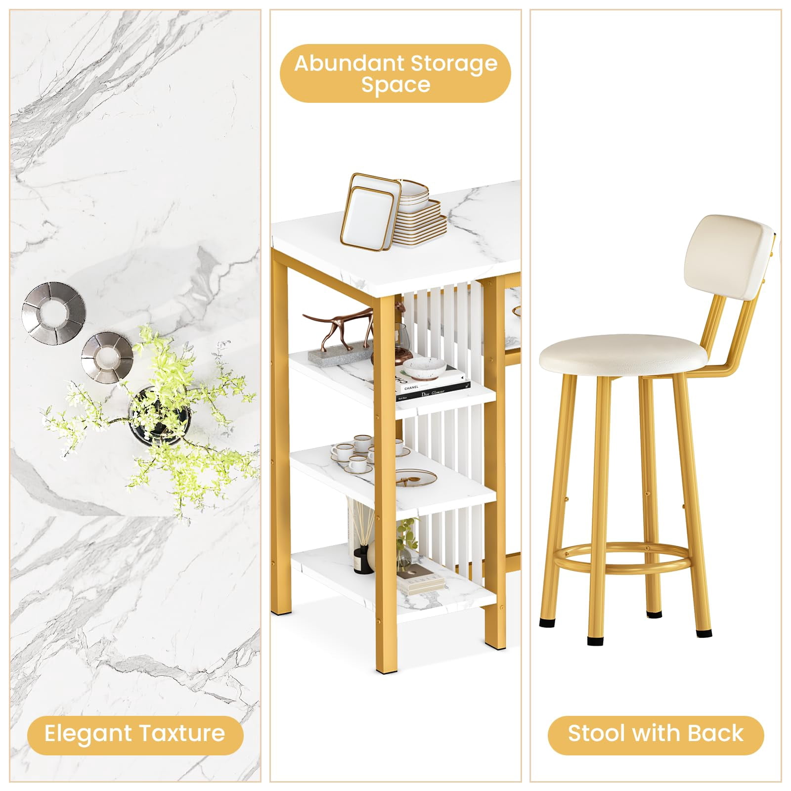 Lamerge Bar Dining Table Set for 2, 3 Piece Bar Table and Chairs Set, Kitchen Counter Height Dining Table Set, Small Kitchen Bar Table with Storage, Breakfast Nook Set for Small Space, White+Gold