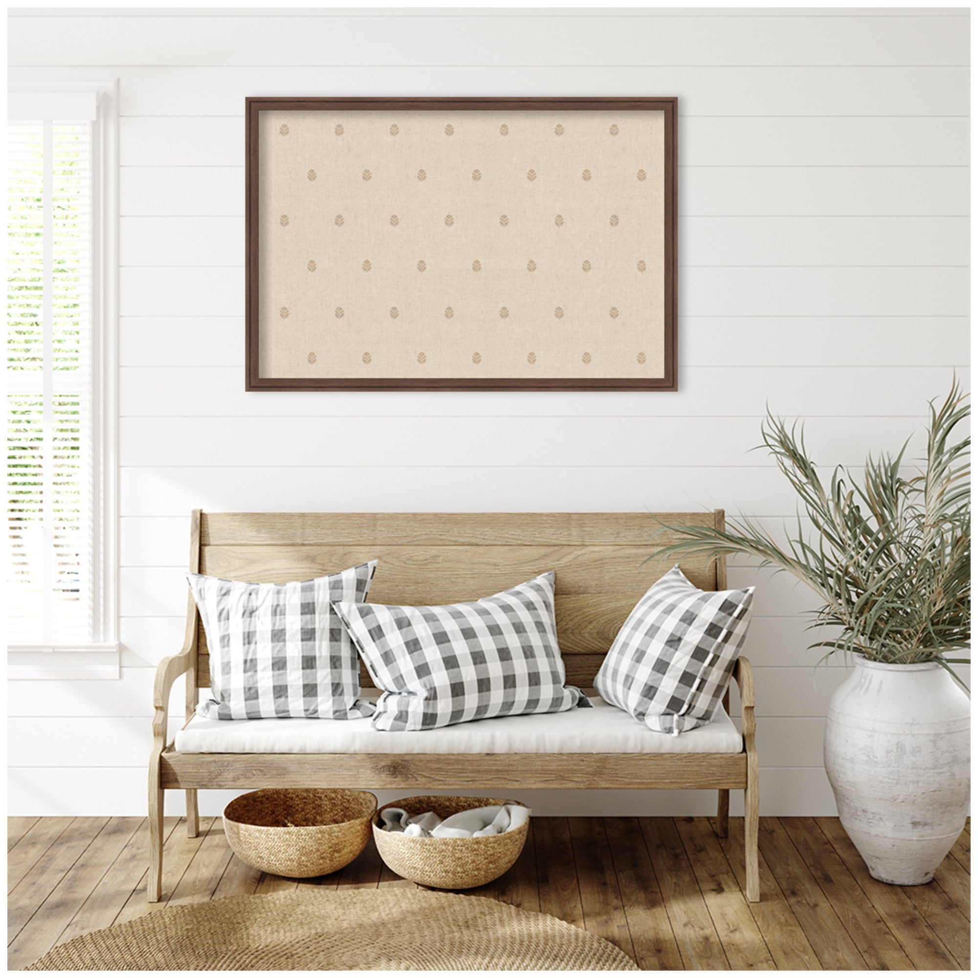 Kate and Laurel Framed Fabric Pinboard 38 x 26, Beige Botanical Block Print Printed Linen Classic Bulletin Board for Use as a Vision Board or Wall Organization, Florence Medium Brown Frame