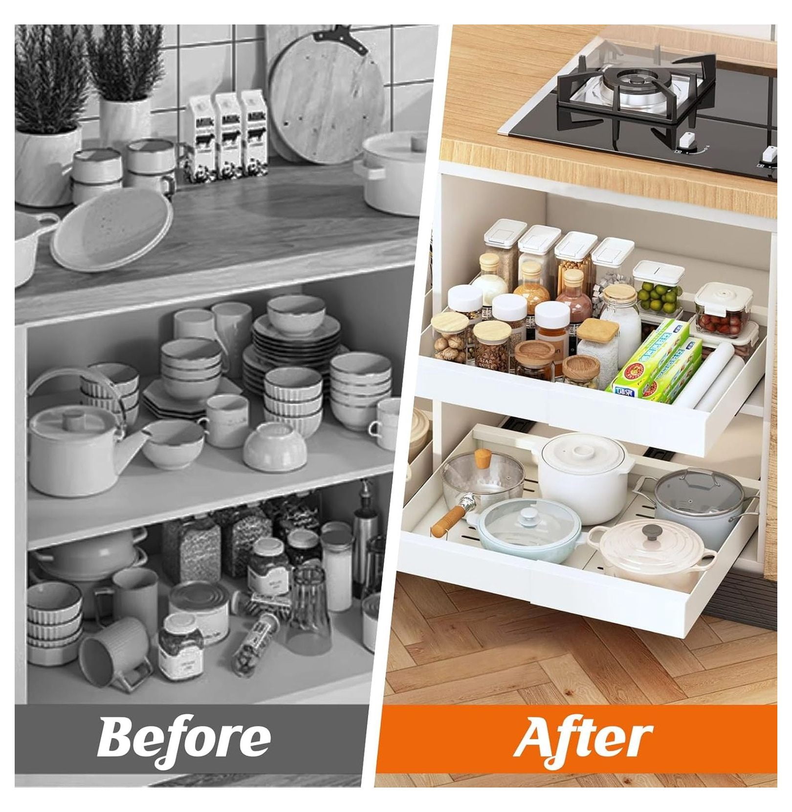 Pull Out Cabinet Organizer 2PC, 21" Deep Expandable Shelves (12-21") for Kitchen, Bathroom, Under Sink - Adhesive & Screw Installation