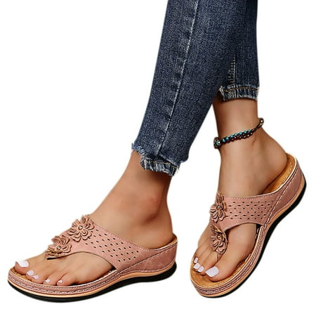 

MIASHUI Summer Sandals for Women 2024 Women Roman Comfy Sandals Flat Bottomed Slip On Clip Toe Flip Flops Slider T Strap Sandals with Arch Support Open Pink 9