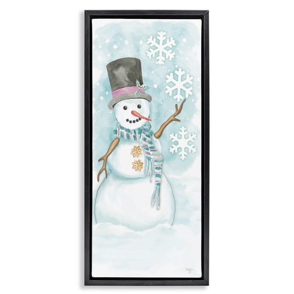 Stupell Industries Contemporary Waving Snowman Greeting Black Floating Frame Canvas Art, 11 x 25, by Mollie B.