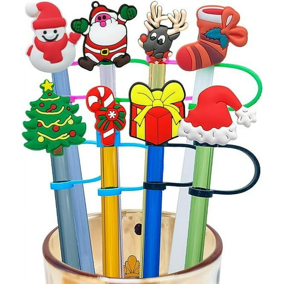 NUOLUX 8pcs Christmas Straw Covers Cap Cute Silicone Straws Tips Covers Reusable Straw Toppers