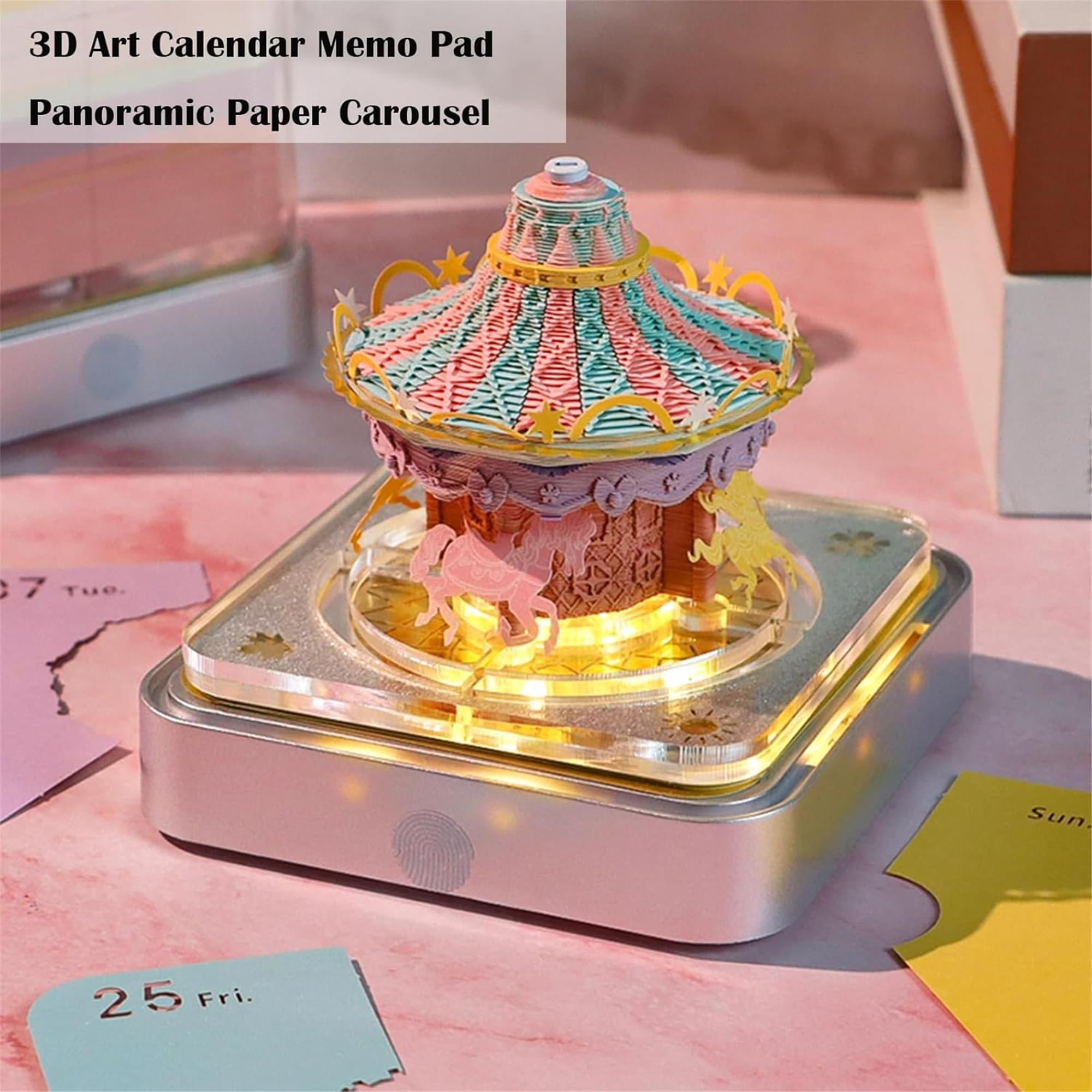 SQDWYGG 3D Memo Pads Paper, Creative Time Piece 2025 Notepad Artopad Carving Gift Desktop Decoration, Artist DIY Notes With LED Lights Craft,Merry-Go-Round,3.85" x 3.85"x 3.34"