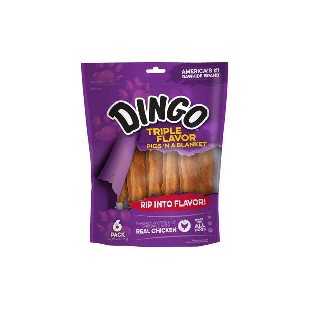 Dingo Triple Flavor Pigs ‘N A Blanket 6 Count, Rawhide For Dogs, Made