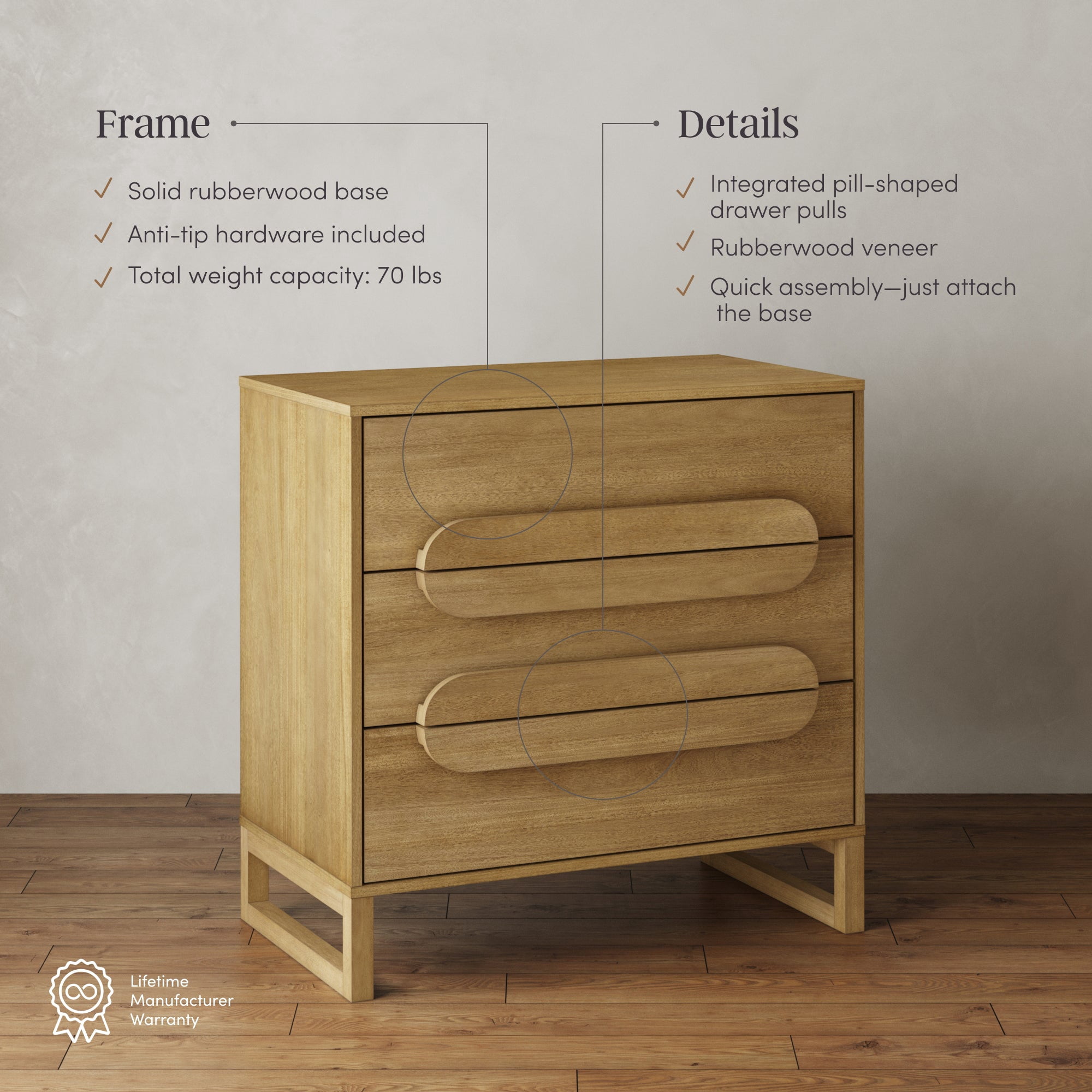 Nathan James Novi Organic Modern 3 Drawer Wood Dresser, Rustic Wooden Dresser for Bedroom with Integrated Handles, Light Brown