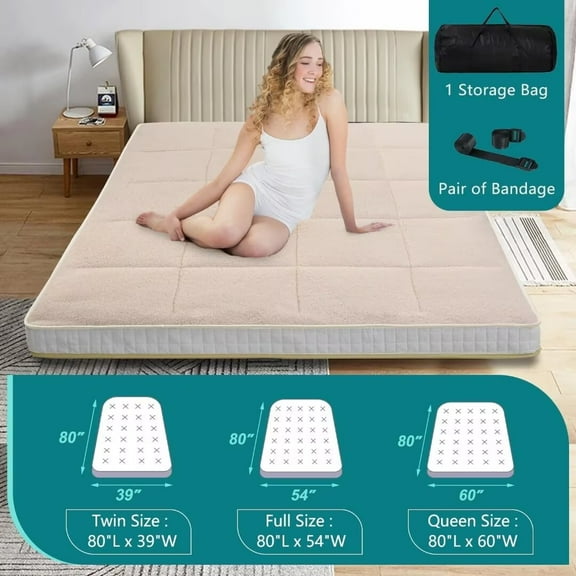 NAIZEA Japanese Floor Mattress, 4" Thick Sherpa Fleece Folding Roll Up Futon Mattress, Reversible and Foldable Sleeping Pad