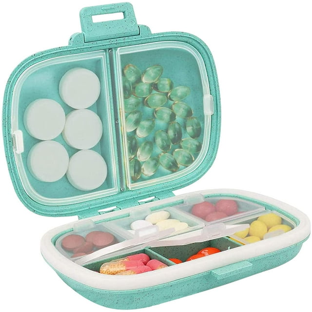 Pastillero de viaje con 8 compartimentos, a prueba de humedad, pequeño pastillero para bolsillo, estuche de pastillas diario, recipiente portátil para medicamentos y vitaminas (azul)