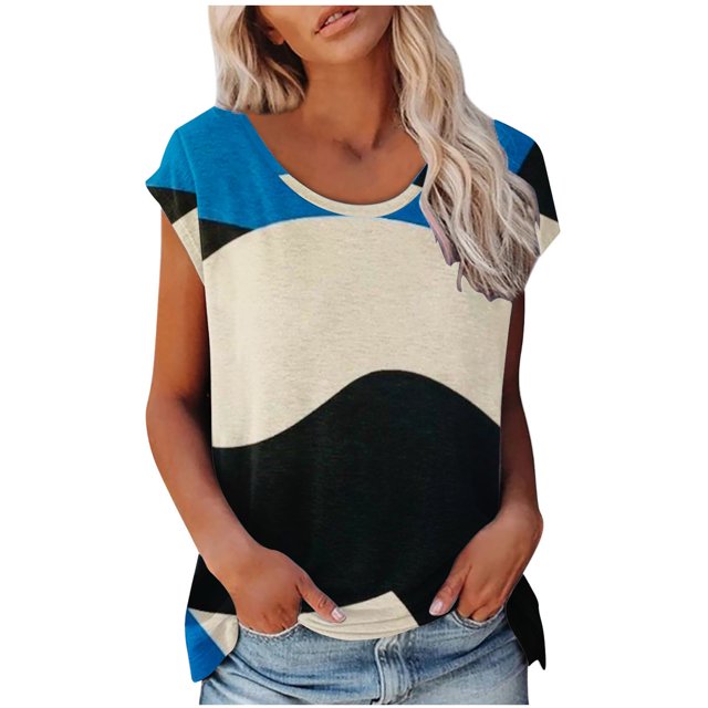 EQWLJWE Hauts d'Été pour Femmes Hauts pour Femmes Liquidation Mode Femmes Mode Manches Courtes Col Rond T-shirt Imprimé Blouse Hauts Amples