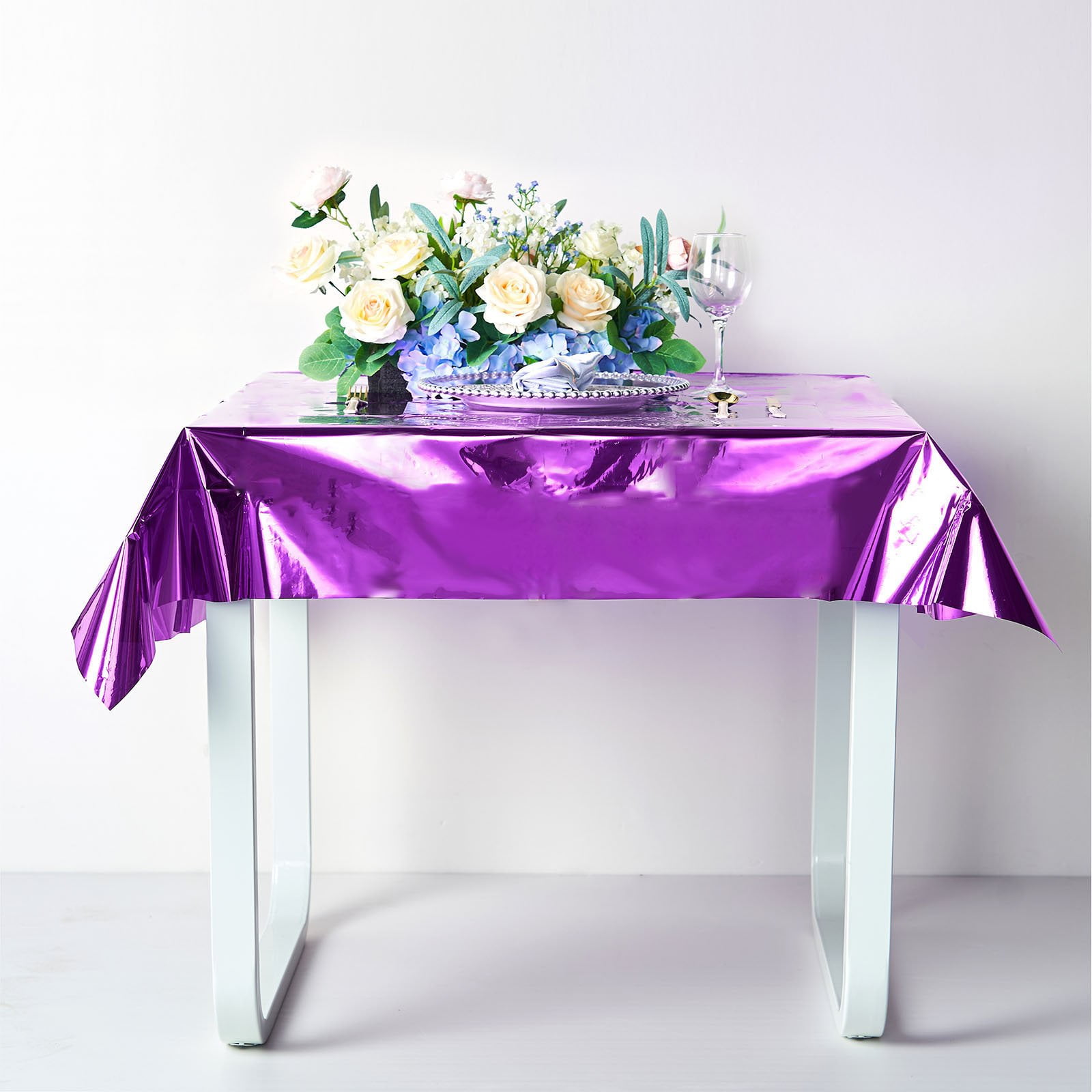 Efavormart 50"x50" Metallic Foil Square Tablecloth, Disposable Table Cover Purple for Wedding