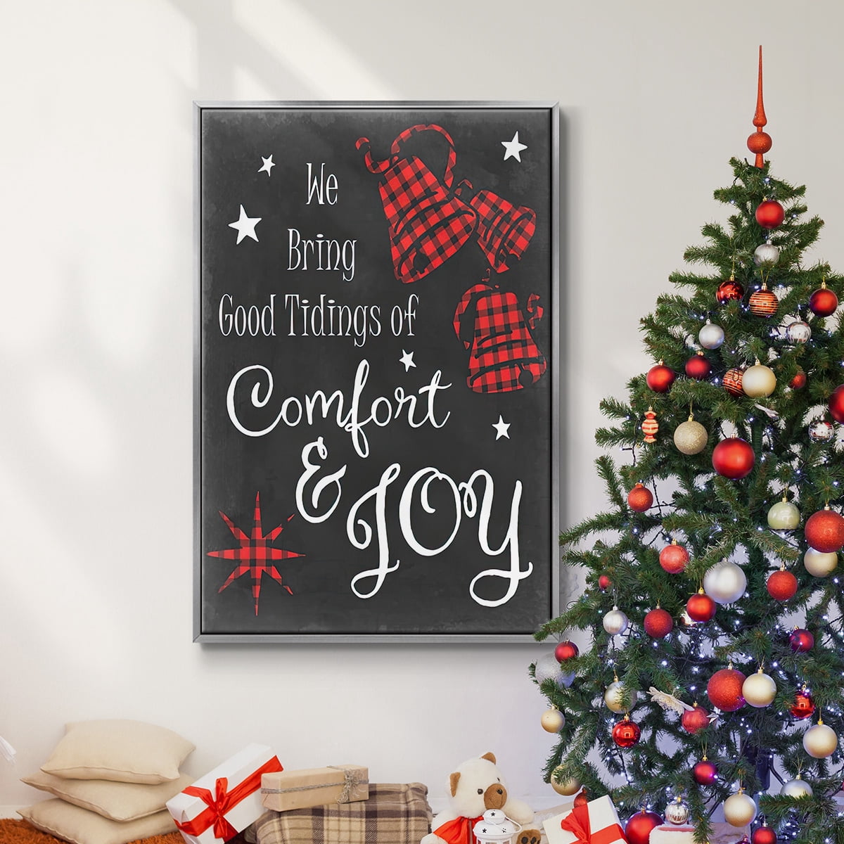 Comfort and Joy in Red - Framed Gallery Wrapped Holiday Canvas - 17 x 25 - Silver Frame