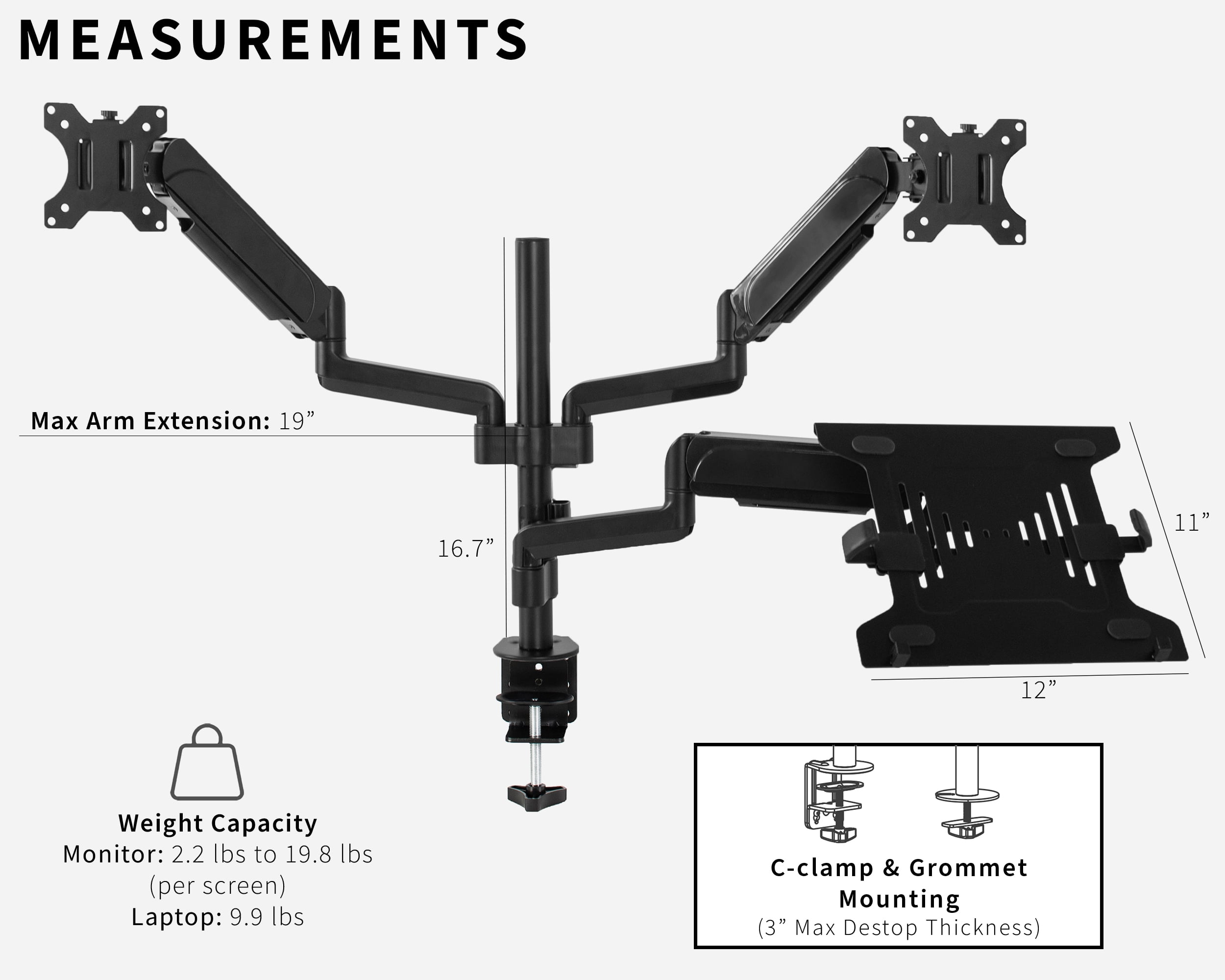 VIVO Black Dual 17" to 32" Monitor and Laptop Pneumatic Arm Desk Mount