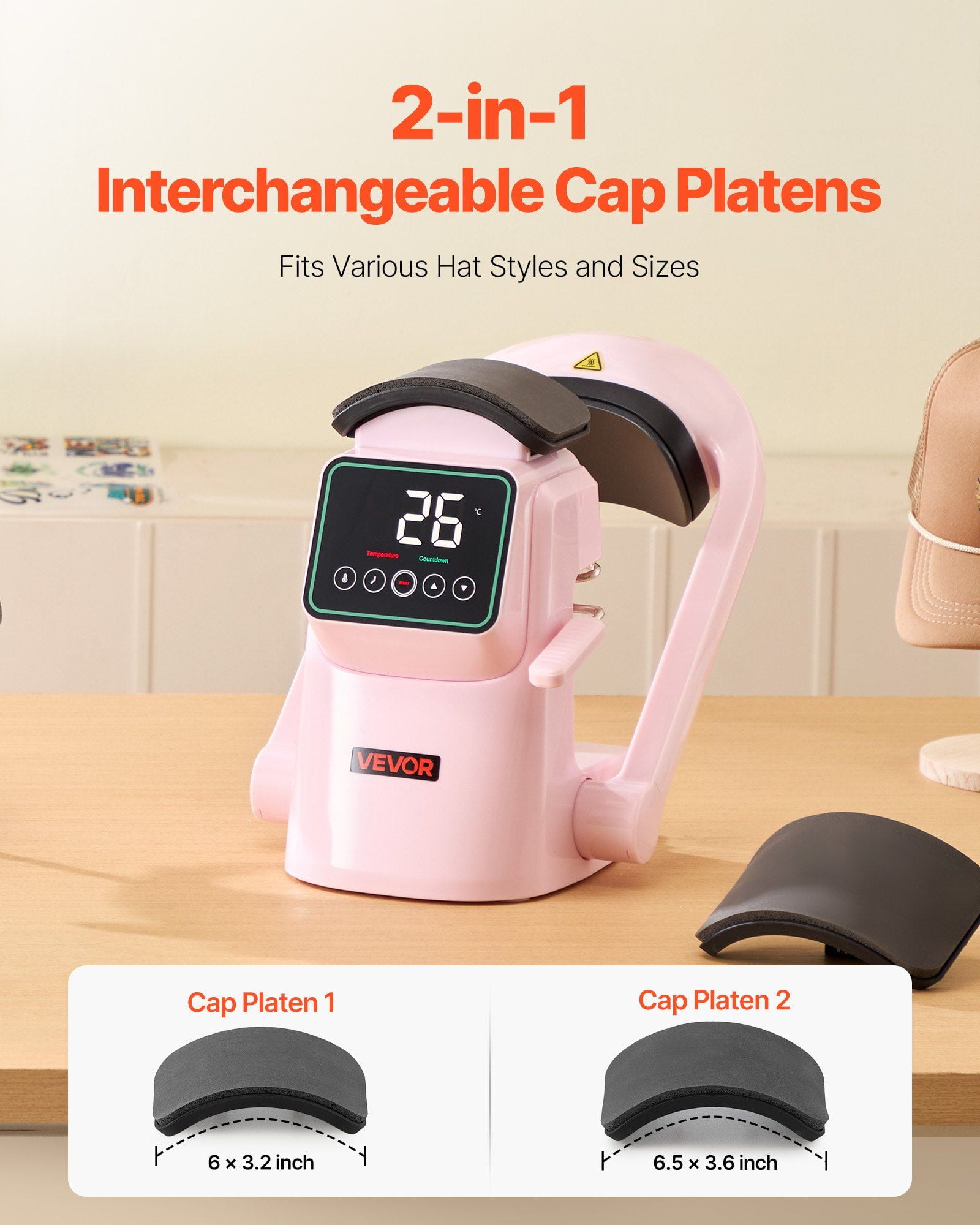 Auto Hat Heat Press Machine with 2 Interchangeable Platens Touchscreen Pink, One-Touch Automatic Press, Adjustable Temp and Time, Safety Auto-Off, Compact Portable Design for DIY and Small Business