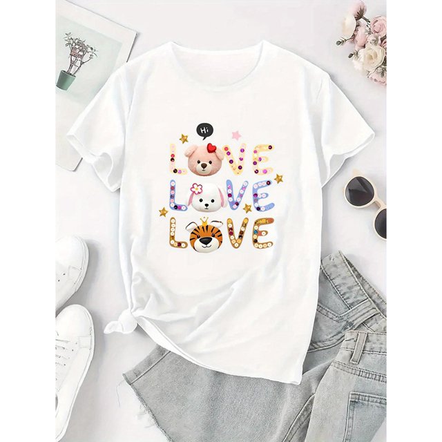 Camiseta informal con estampado de animales para mujer - Cuello redondo y manga corta, algodón cómodo, divertida camiseta de verano para un look informal, ideal para el día a día | Camiseta con estamp