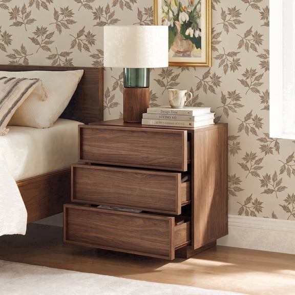 Treocho 24" Wooden Nightstand with 3 Drawers, Compact Design with Concealed Handles, Walnut