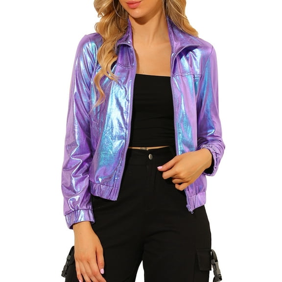 INSPIRE CHIC Women's Holographic Shiny Party Long Sleeve Lightweight Zipper Metallic Jacket XS Blue Purple