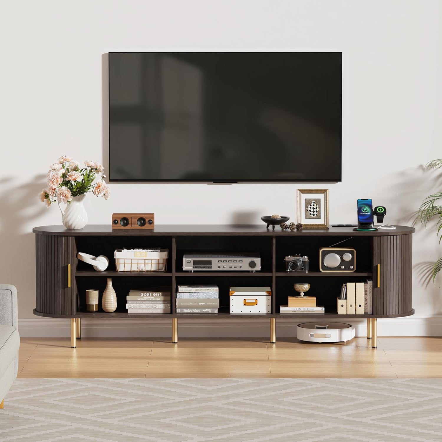 70.8 Inch Mid-Century Modern TV Stand with Power Outlet and Sliding Doors, Entertainment Center with Adjustable Storage Shelves, for TVs up to 80 Inches, Dark Walnut
