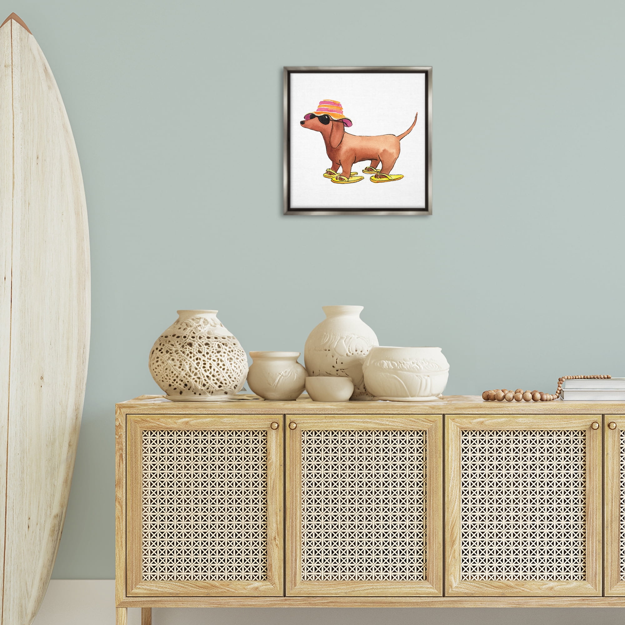 Stupell Industries Beach Dog Flip Flops Animals Painting Gray Floater Framed Canvas Art Print Wall Art, 18 x 18