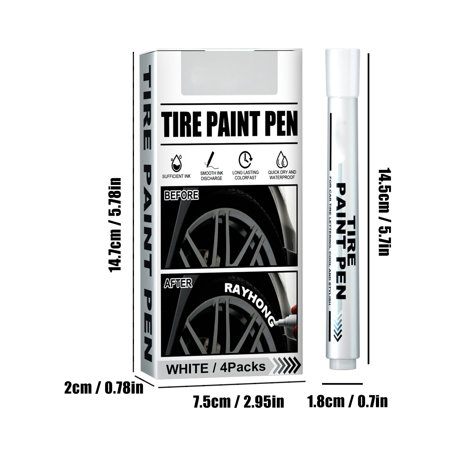 Alvantor White Tire Paint Pen, Car Tire Lettering Marker for Decorative Graffiti & Touch-Up, 4PCS