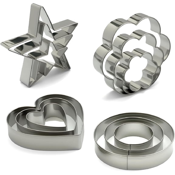 Stainless Steel Cookie Cutters Set 12Pcs - Heart, Flower, Round, Five Star Shapes - Small to Mini Size, Metal Biscuit Cutter Molds for Baking or Holiday Party Decorations