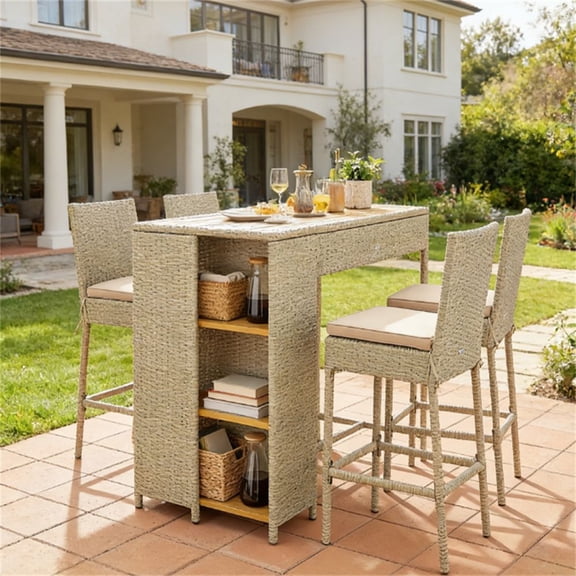 Brown 5-Piece Outdoor Bar Set, PE Wicker Acacia Wood High Top Table with 4 Stools  RLB