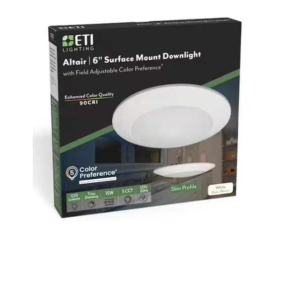 ETI Lighting  6" Super Bright LED Surface Mount Downlight, 1230 Lumen, Adjustable 5CCT, Triac Dimming, 120V, 63328101