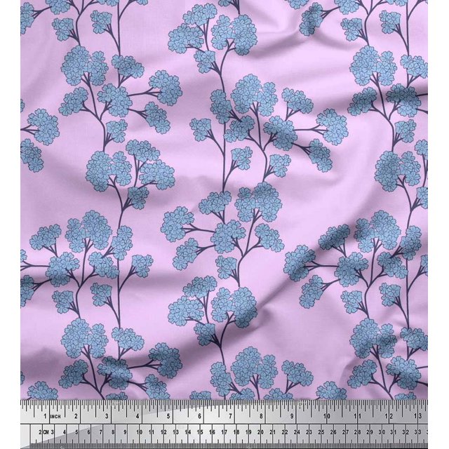 Soimoi Satin Silk Fabric Yellow Blue Flower Floral Decor Fabric Printed Yard 42 Inch Wide