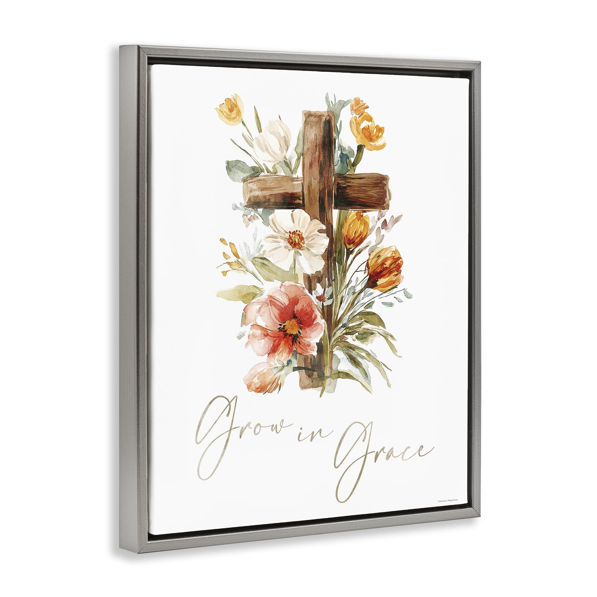 Stupell Industries Grow In Grace Cross Gray Framed Floater Canvas Wall Art, design by Svetlana Aleynikova
