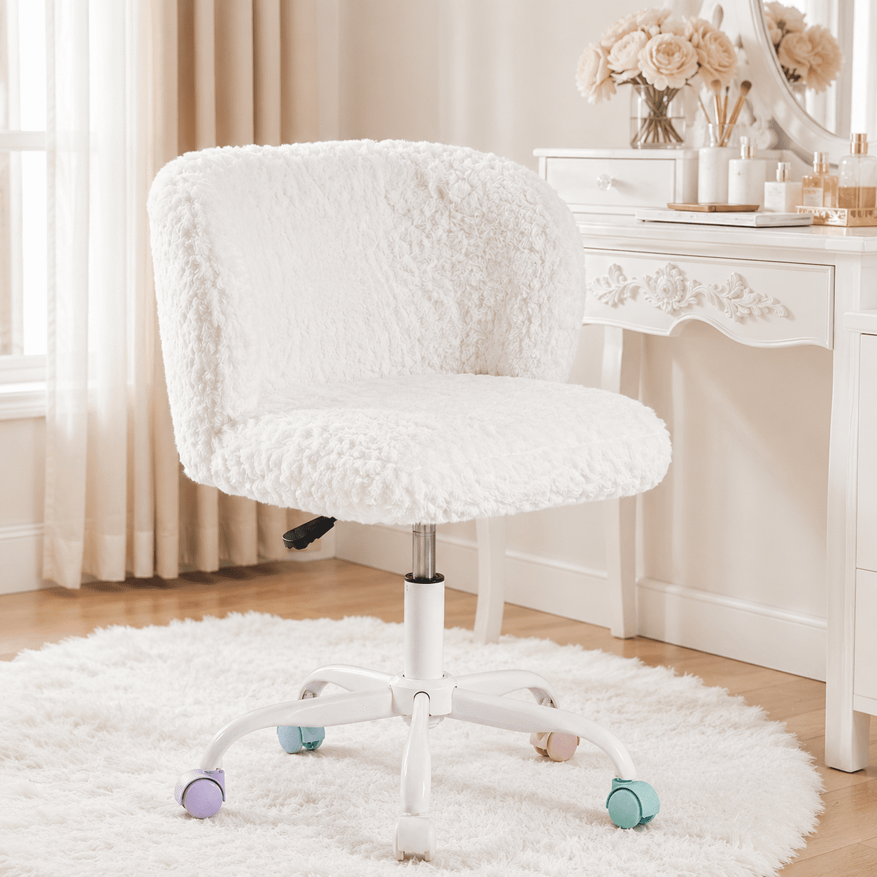 PAPROOS Vanity Chair with Wheels, Home Office Chair, Cute Makeup Desk Chair with Artificial Alpaca Wool Fabric, Adjustable Swivel Task Computer Chair for Bedroom, Ivory